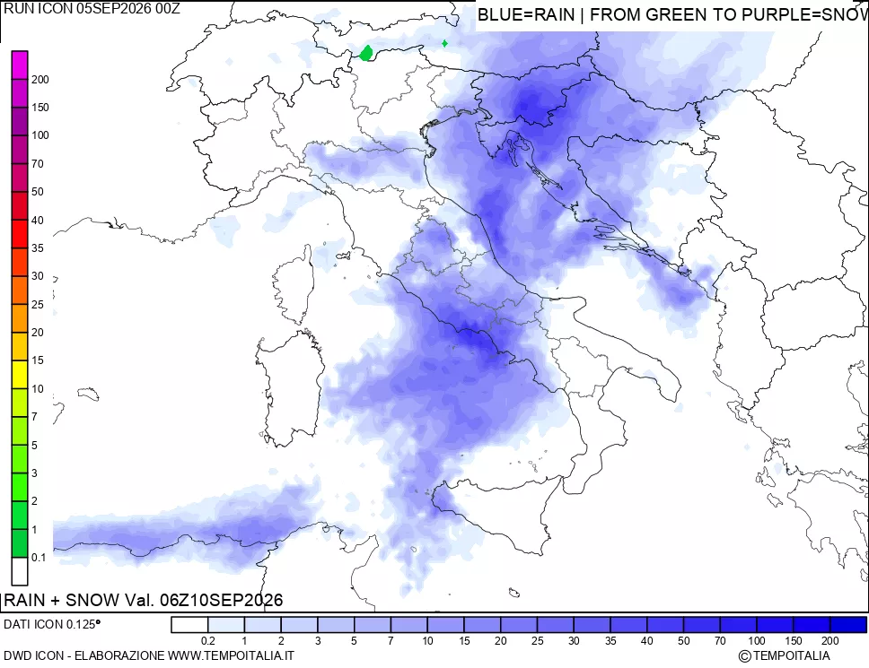 mappa Precipitazioni totali e nevose 24 ore precedenti
