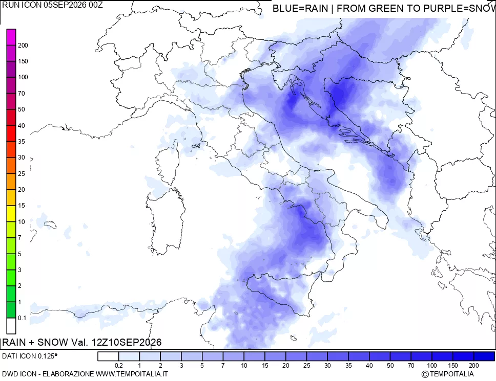 mappa Precipitazioni totali e nevose 24 ore precedenti
