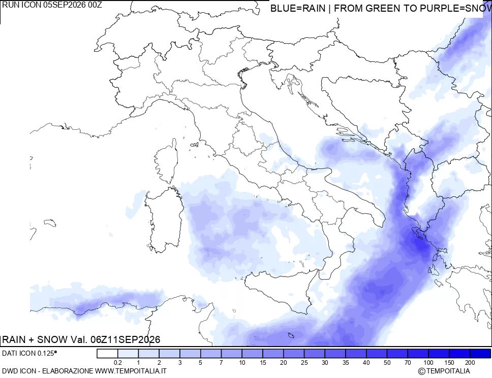 mappa Precipitazioni totali e nevose 24 ore precedenti
