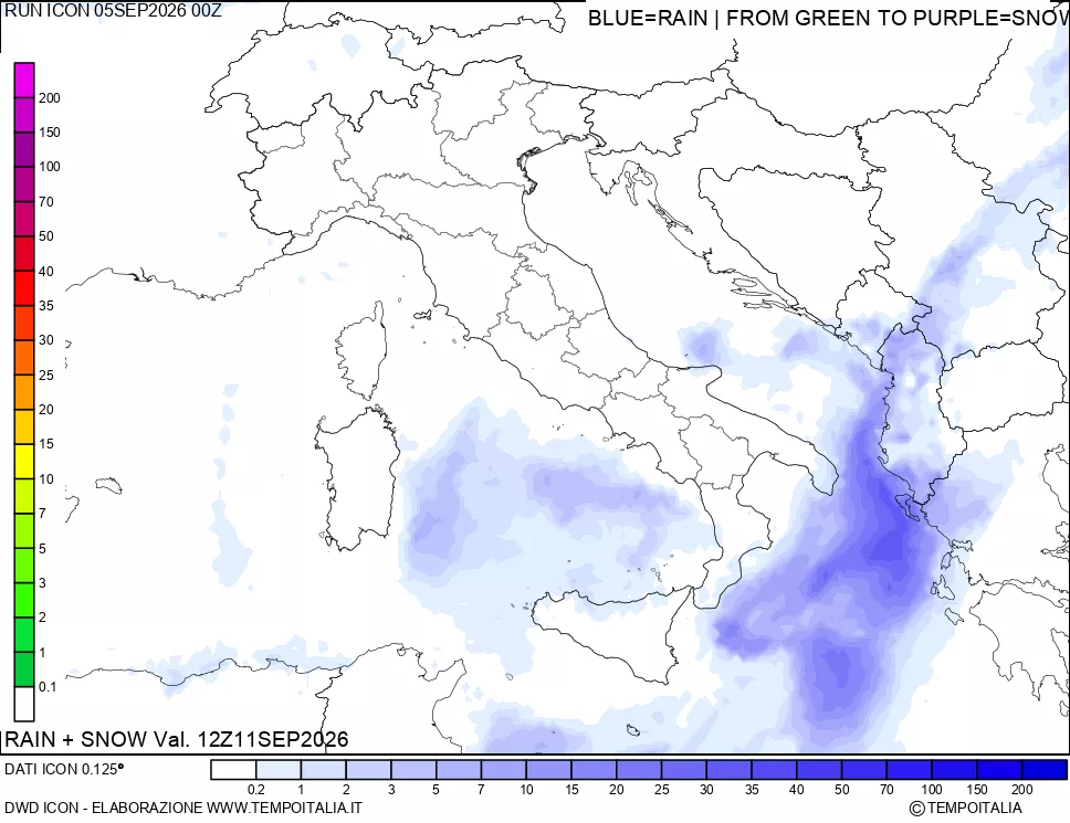 mappa Precipitazioni totali e nevose 24 ore precedenti