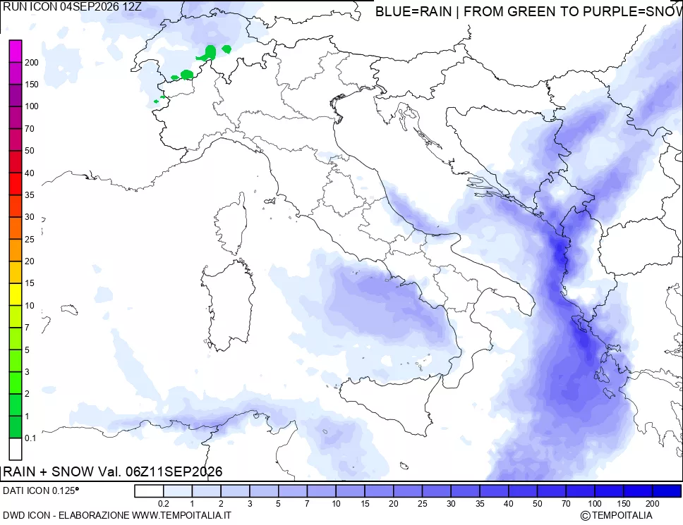 mappa Precipitazioni totali e nevose 24 ore precedenti