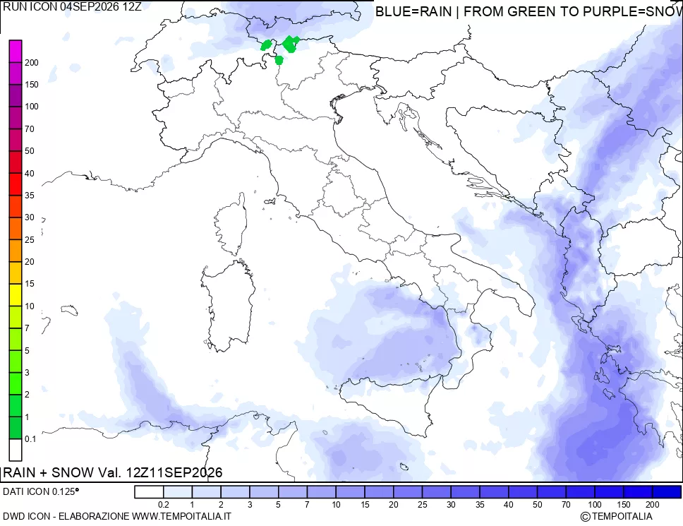 mappa Precipitazioni totali e nevose 24 ore precedenti