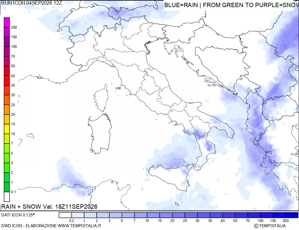 mappa Precipitazioni totali e nevose 24 ore precedenti
