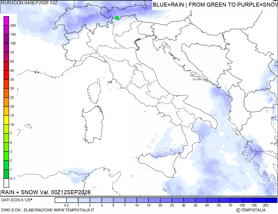 mappa Precipitazioni totali e nevose 24 ore precedenti