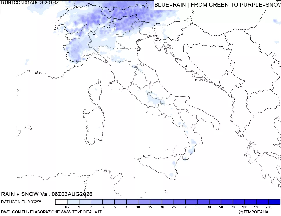 mappa Precipitazioni totali e nevose 24 ore precedenti