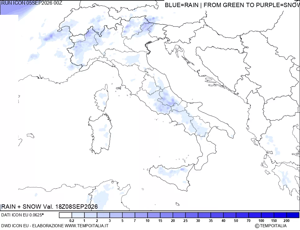 mappa Precipitazioni totali e nevose 24 ore precedenti
