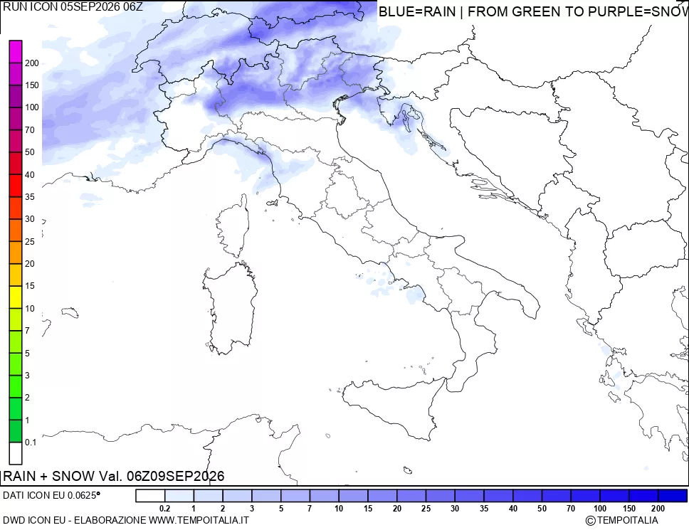 mappa Precipitazioni totali e nevose 24 ore precedenti