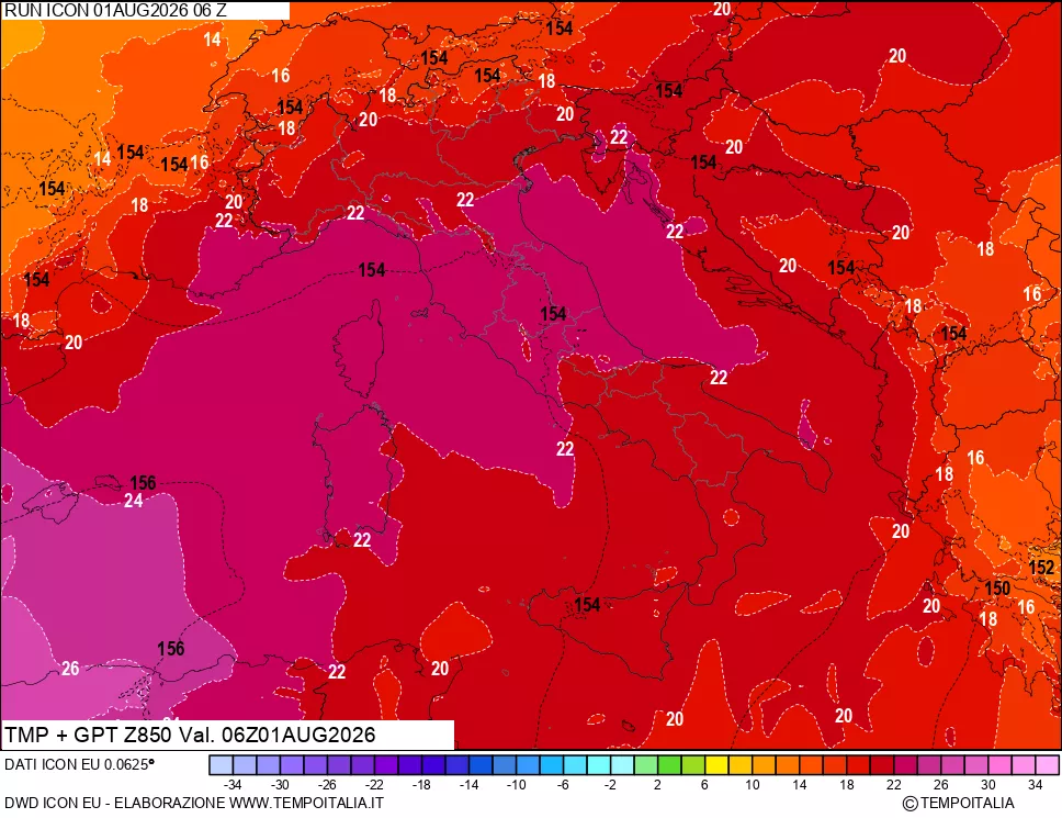mappa 850 hPa Temp