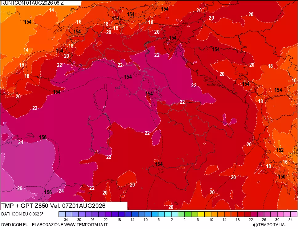 mappa 850 hPa Temp