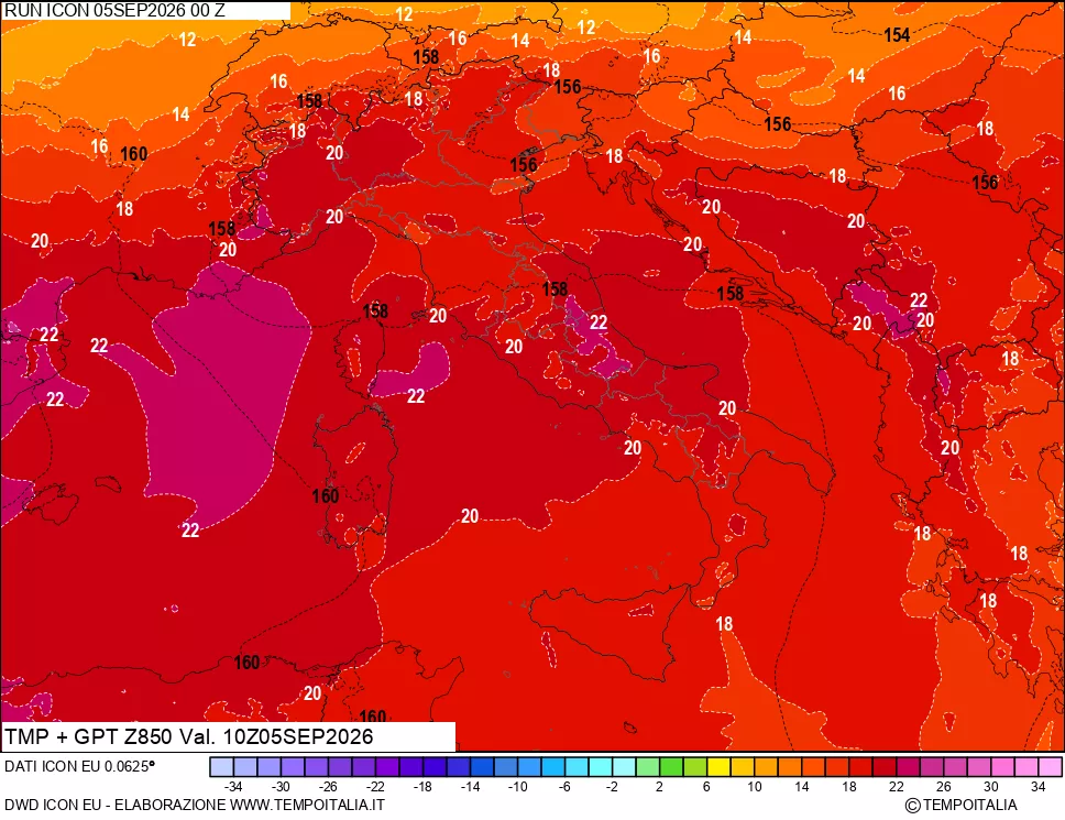 mappa 850 hPa Temp