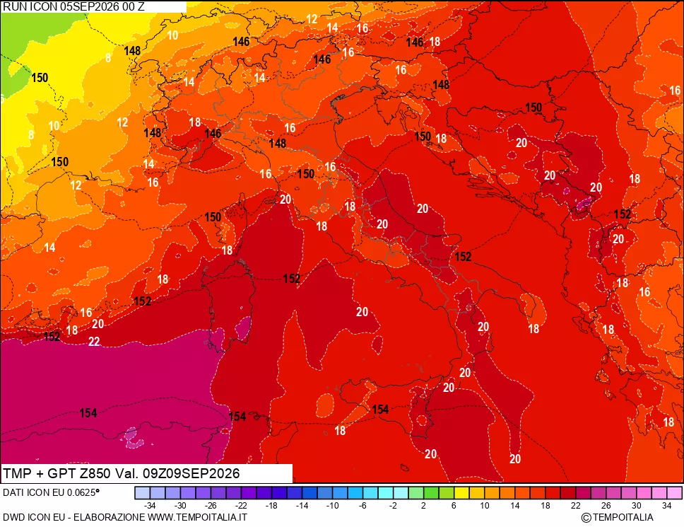 mappa 850 hPa Temp