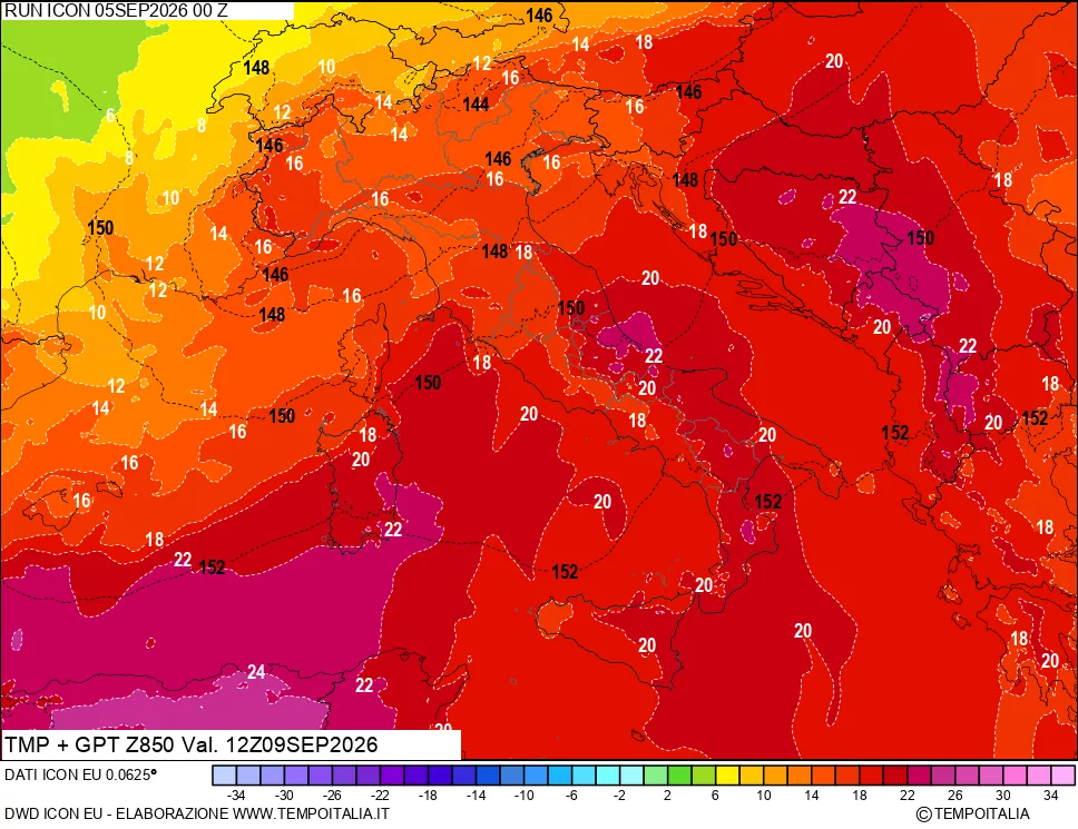 mappa 850 hPa Temp