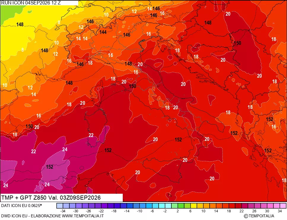 mappa 850 hPa Temp