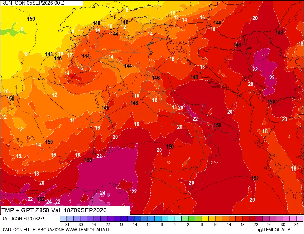 mappa 850 hPa Temp