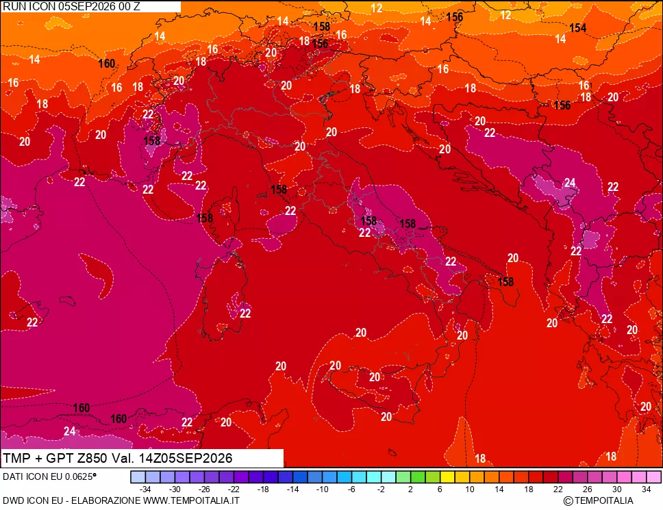 mappa 850 hPa Temp