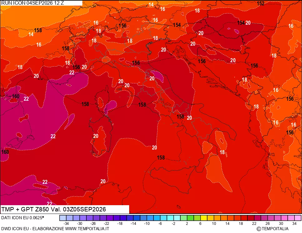 mappa 850 hPa Temp