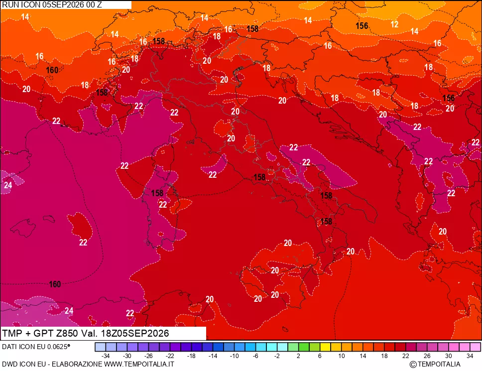 mappa 850 hPa Temp
