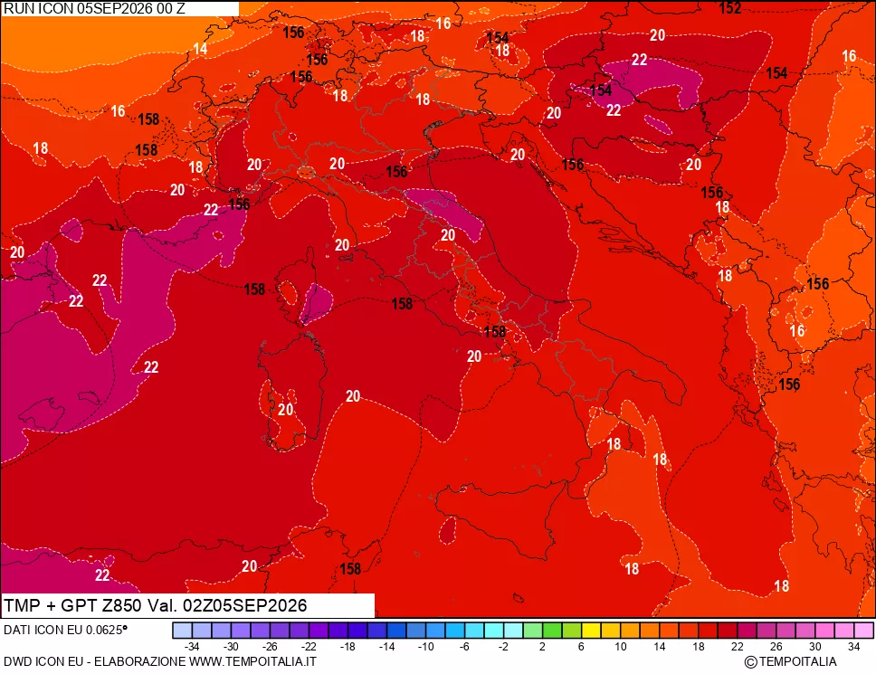mappa 850 hPa Temp