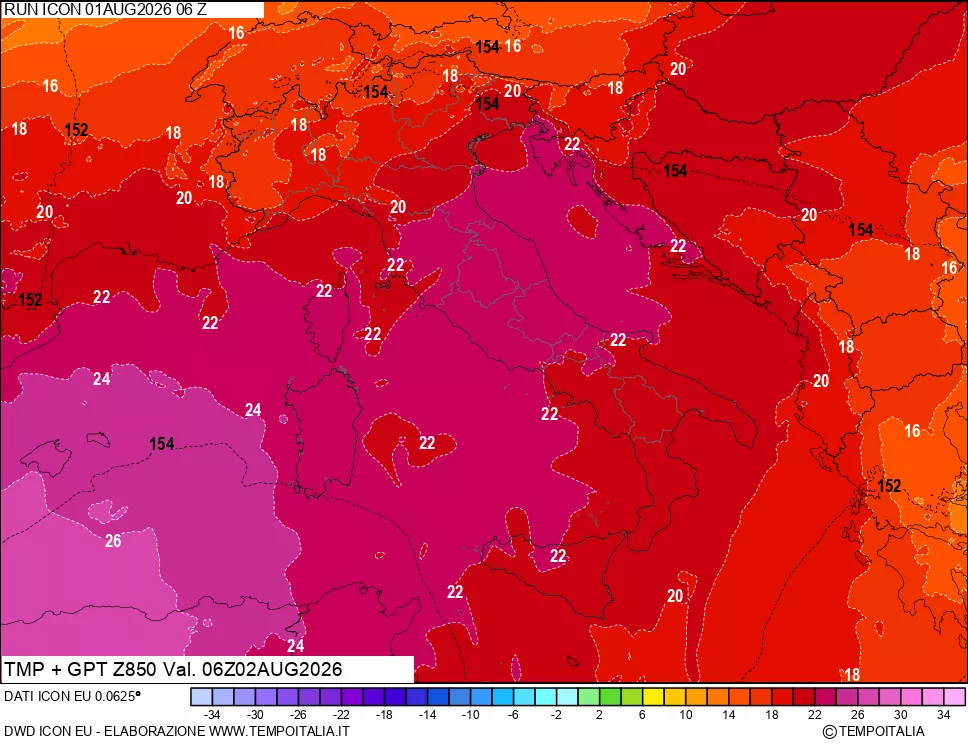 mappa 850 hPa Temp