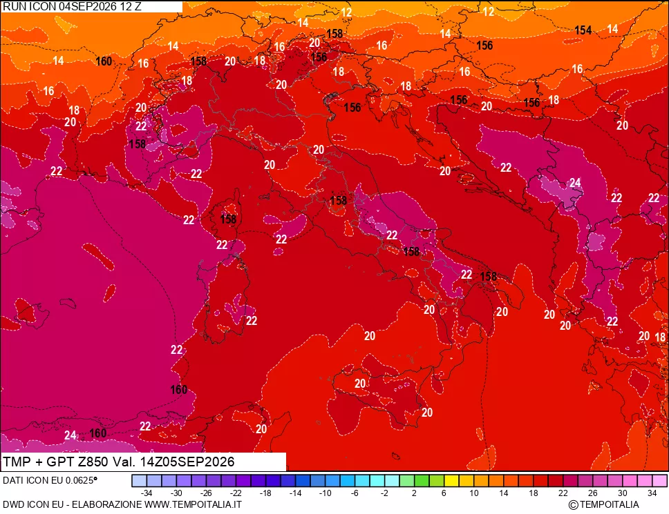 mappa 850 hPa Temp