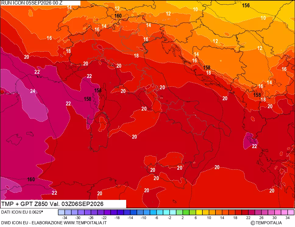 mappa 850 hPa Temp