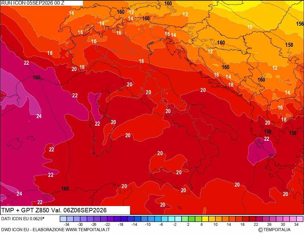 mappa 850 hPa Temp