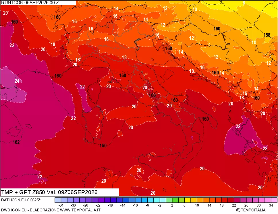 mappa 850 hPa Temp