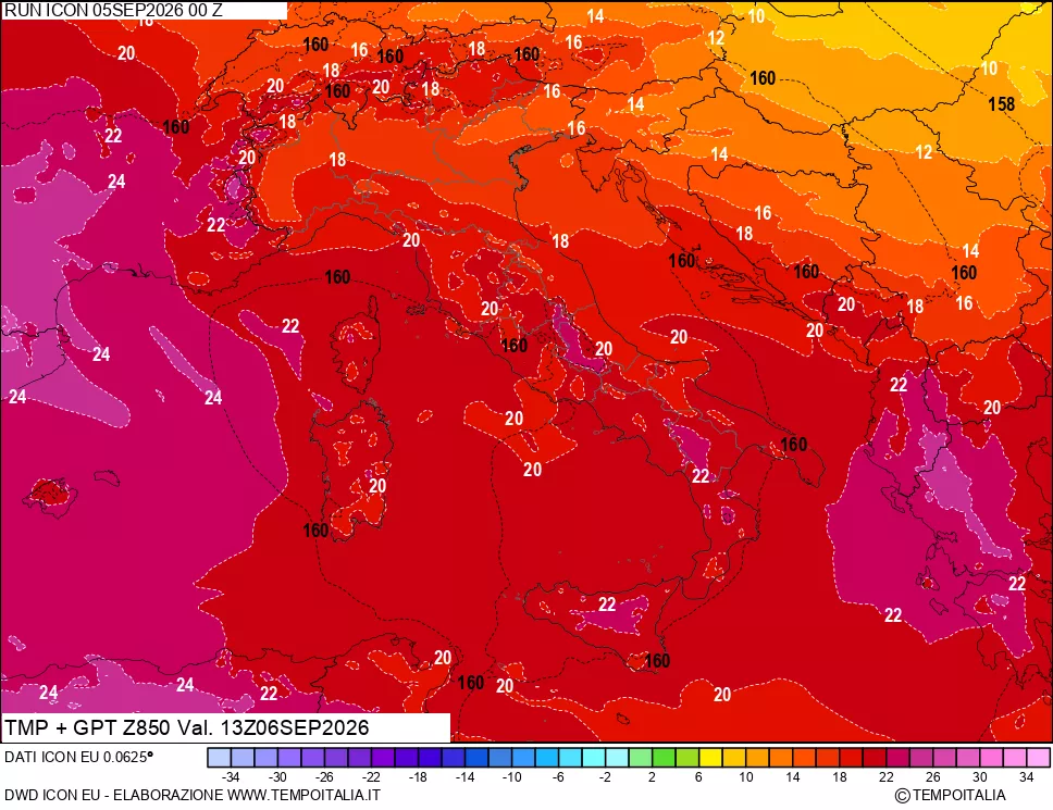 mappa 850 hPa Temp