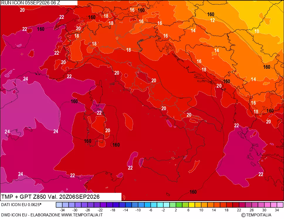 mappa 850 hPa Temp