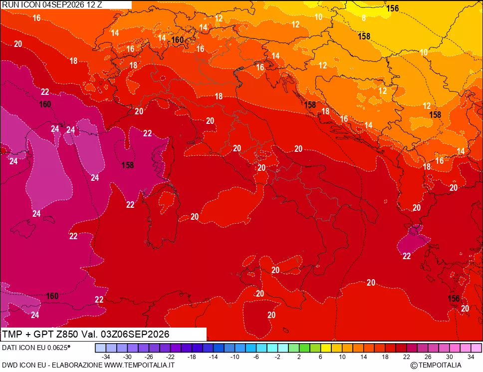 mappa 850 hPa Temp