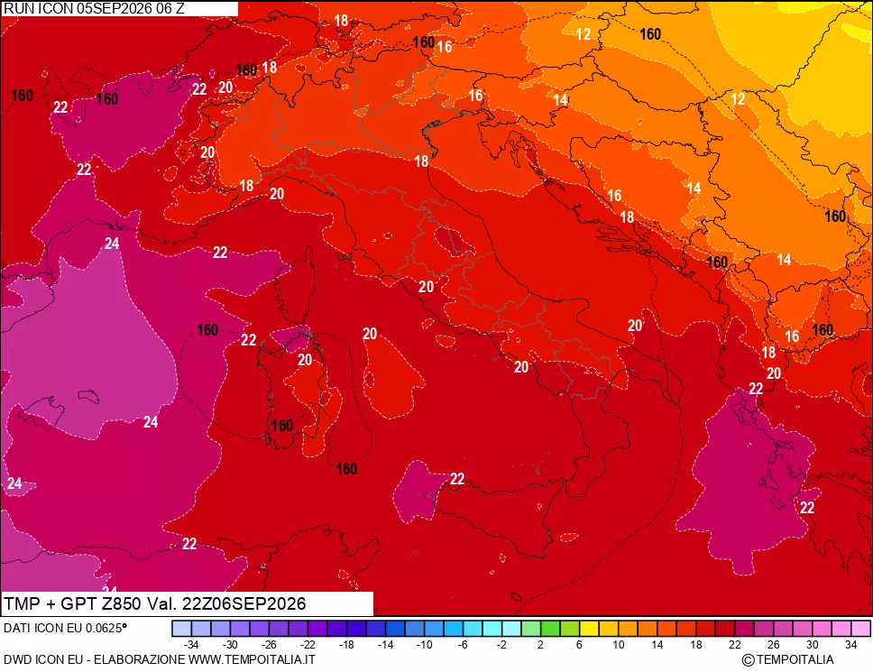 mappa 850 hPa Temp