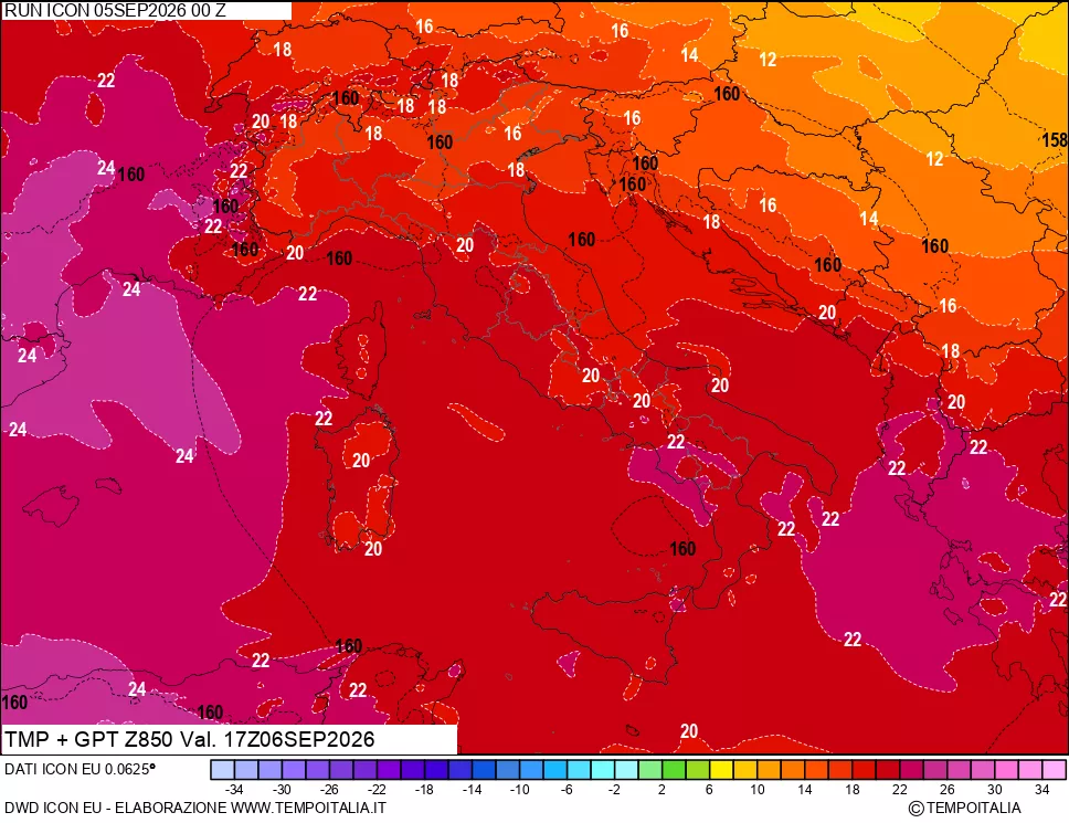 mappa 850 hPa Temp