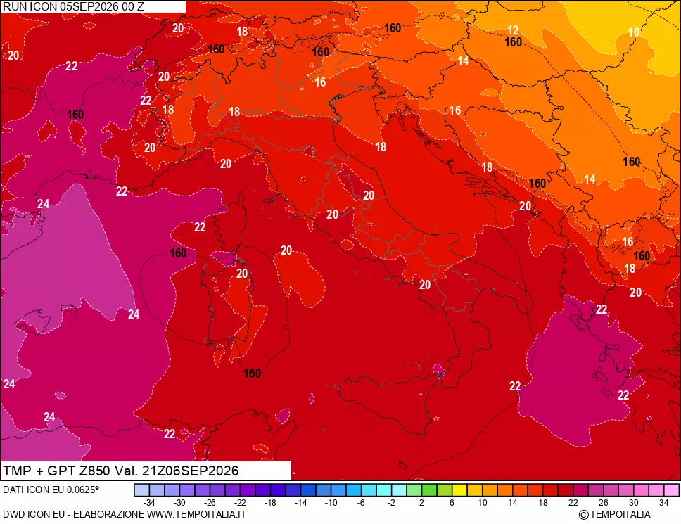 mappa 850 hPa Temp