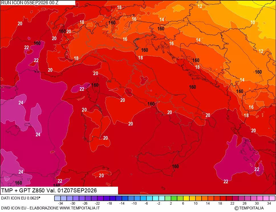mappa 850 hPa Temp