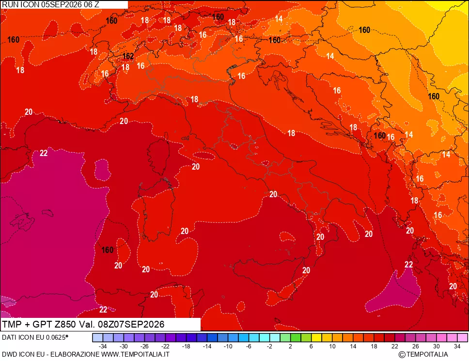 mappa 850 hPa Temp