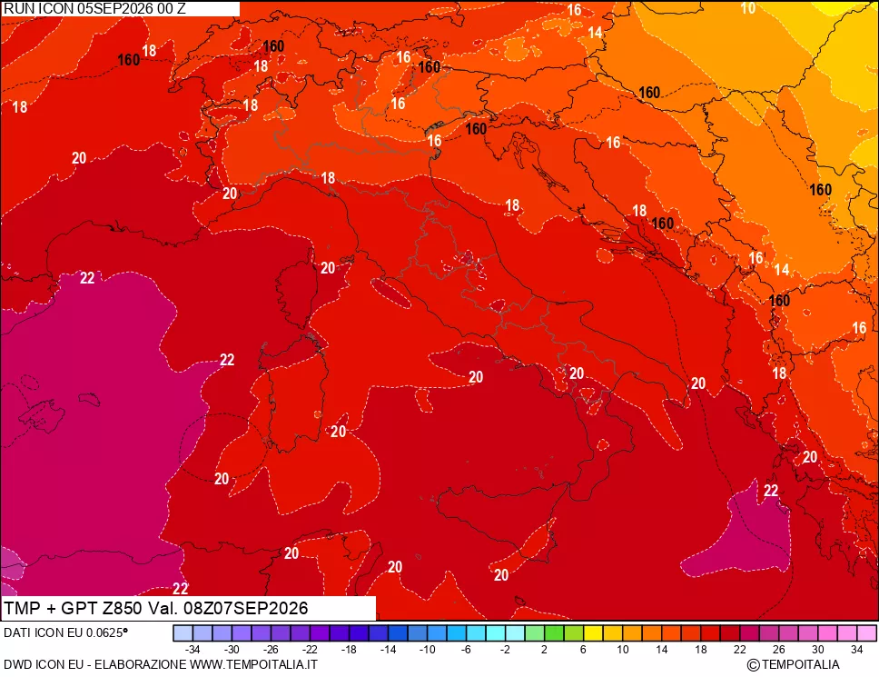 mappa 850 hPa Temp