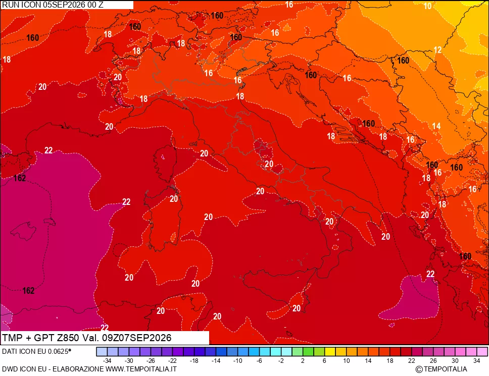 mappa 850 hPa Temp