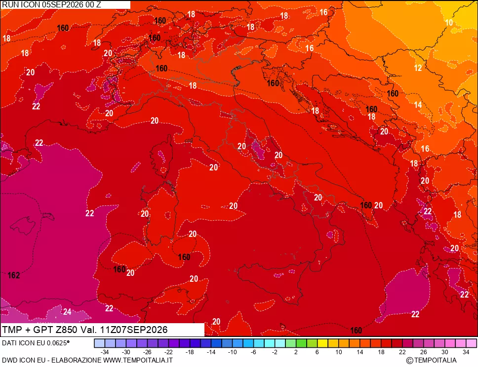 mappa 850 hPa Temp