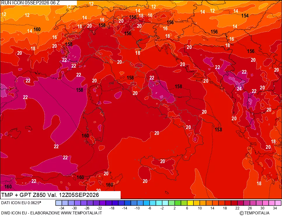 mappa 850 hPa Temp