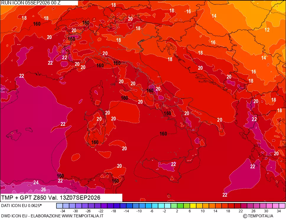 mappa 850 hPa Temp