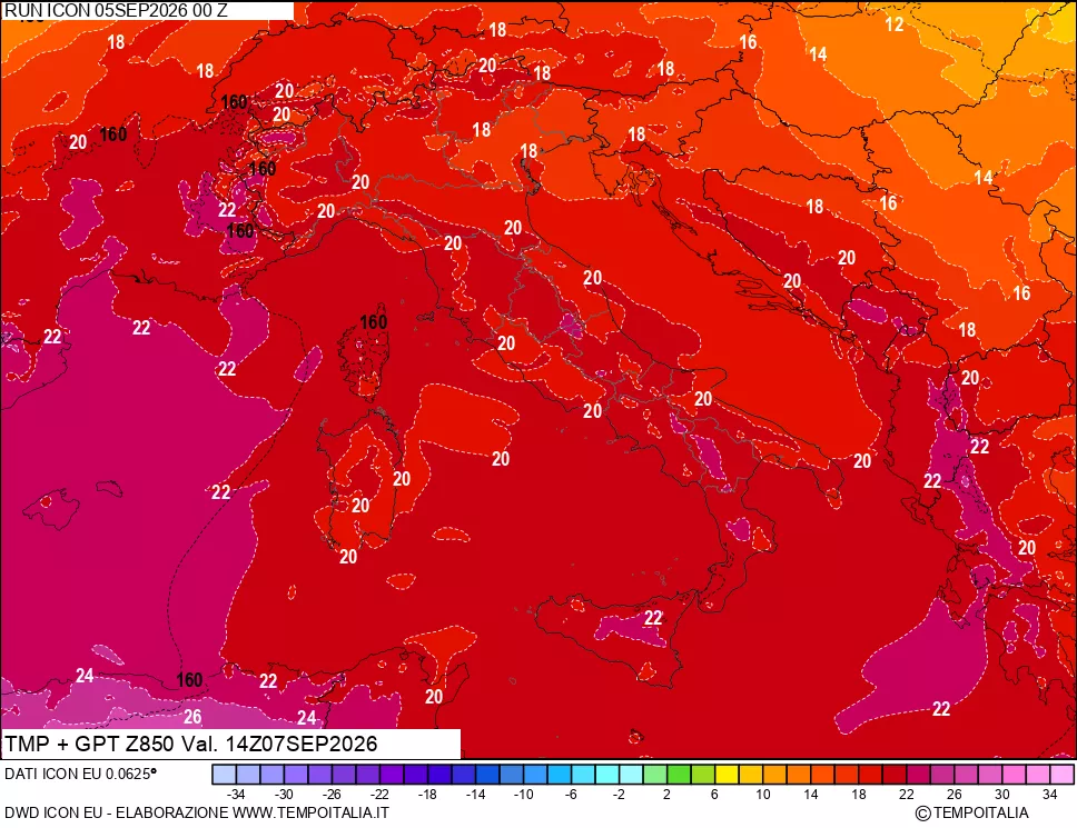 mappa 850 hPa Temp