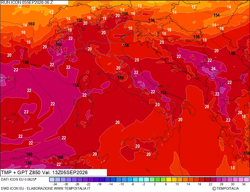 mappa 850 hPa Temp
