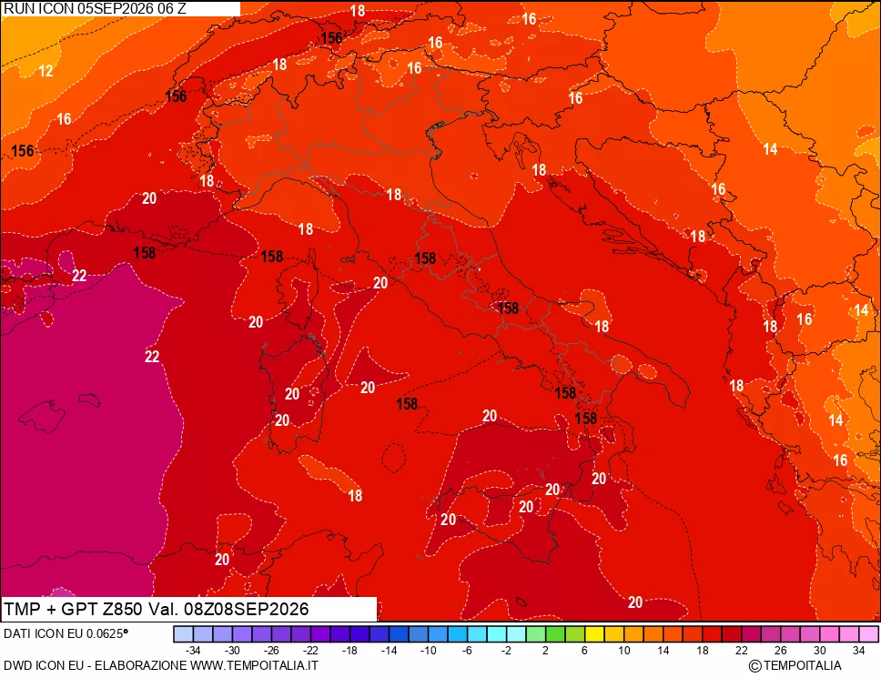 mappa 850 hPa Temp