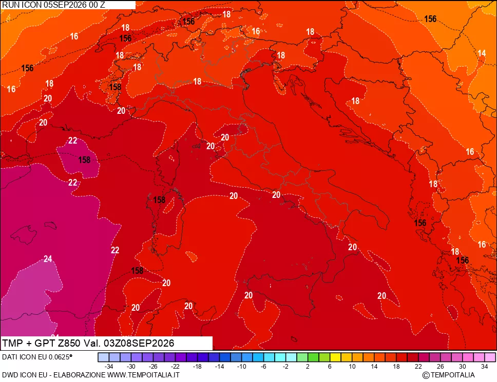 mappa 850 hPa Temp