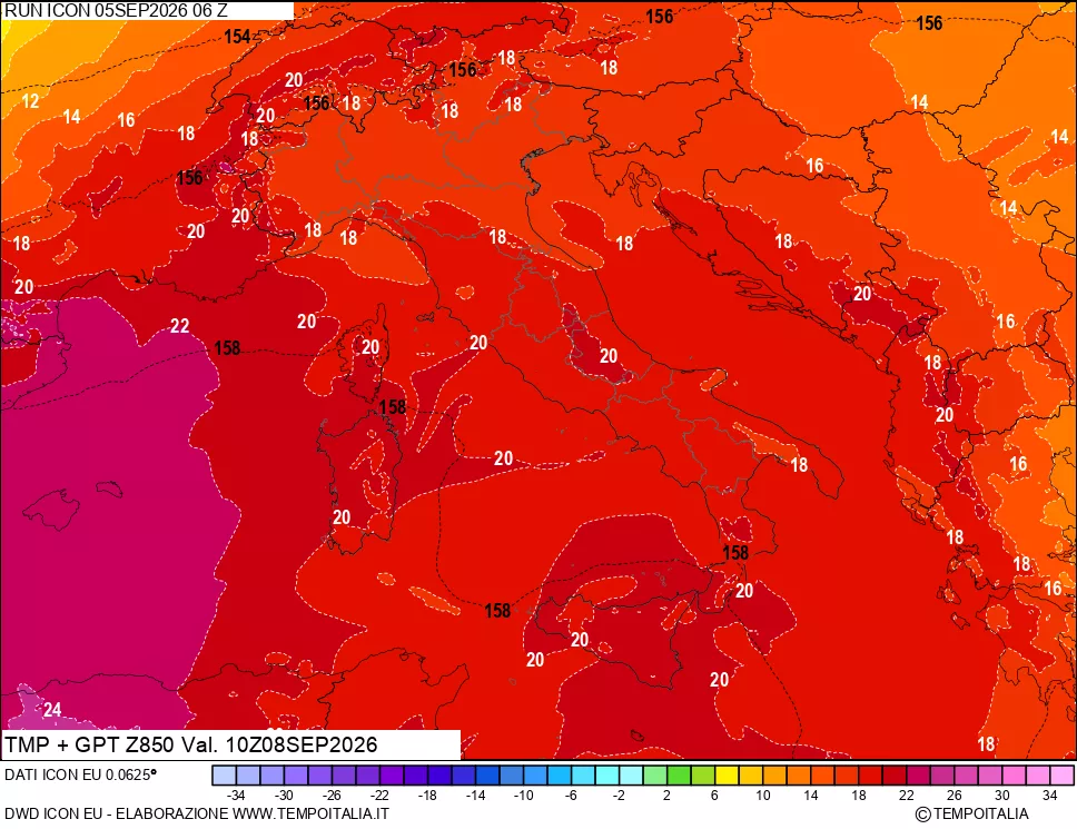mappa 850 hPa Temp