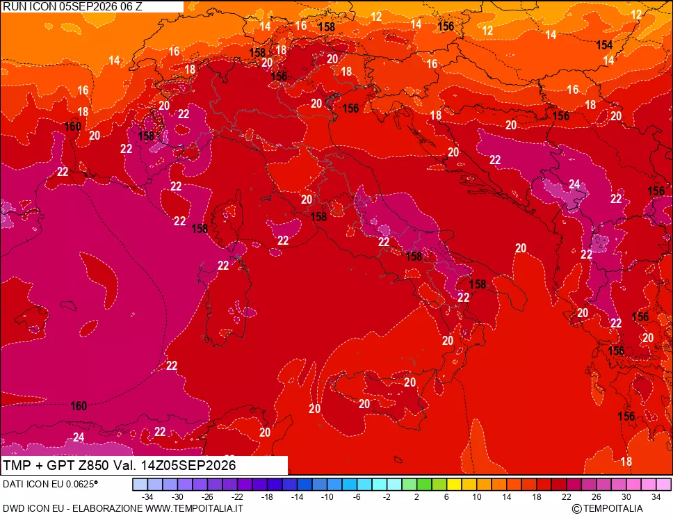 mappa 850 hPa Temp