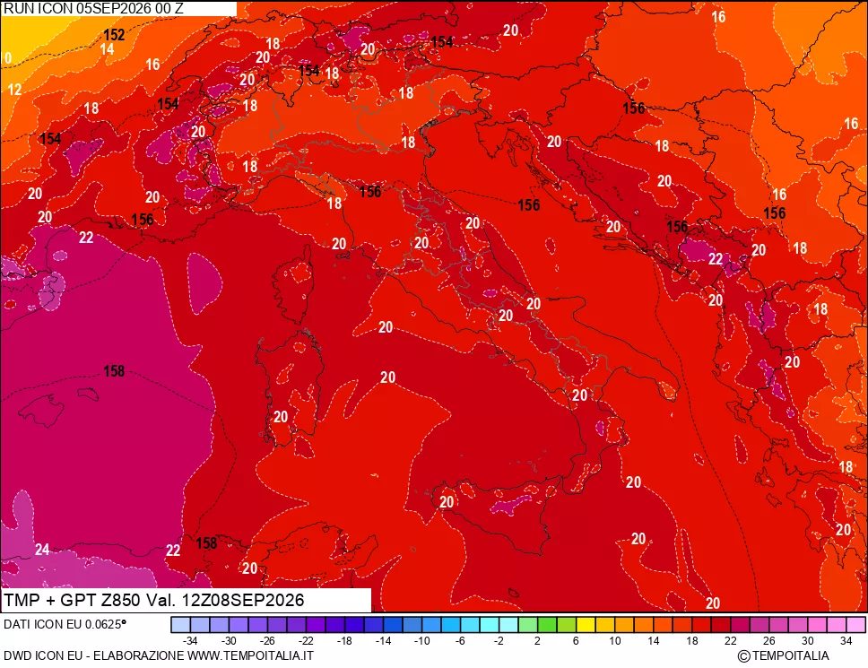 mappa 850 hPa Temp