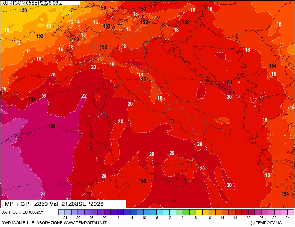 mappa 850 hPa Temp