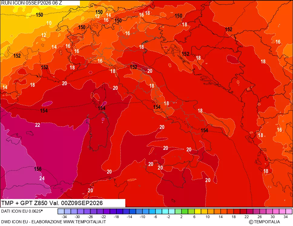 mappa 850 hPa Temp