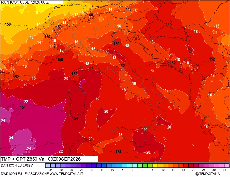 mappa 850 hPa Temp